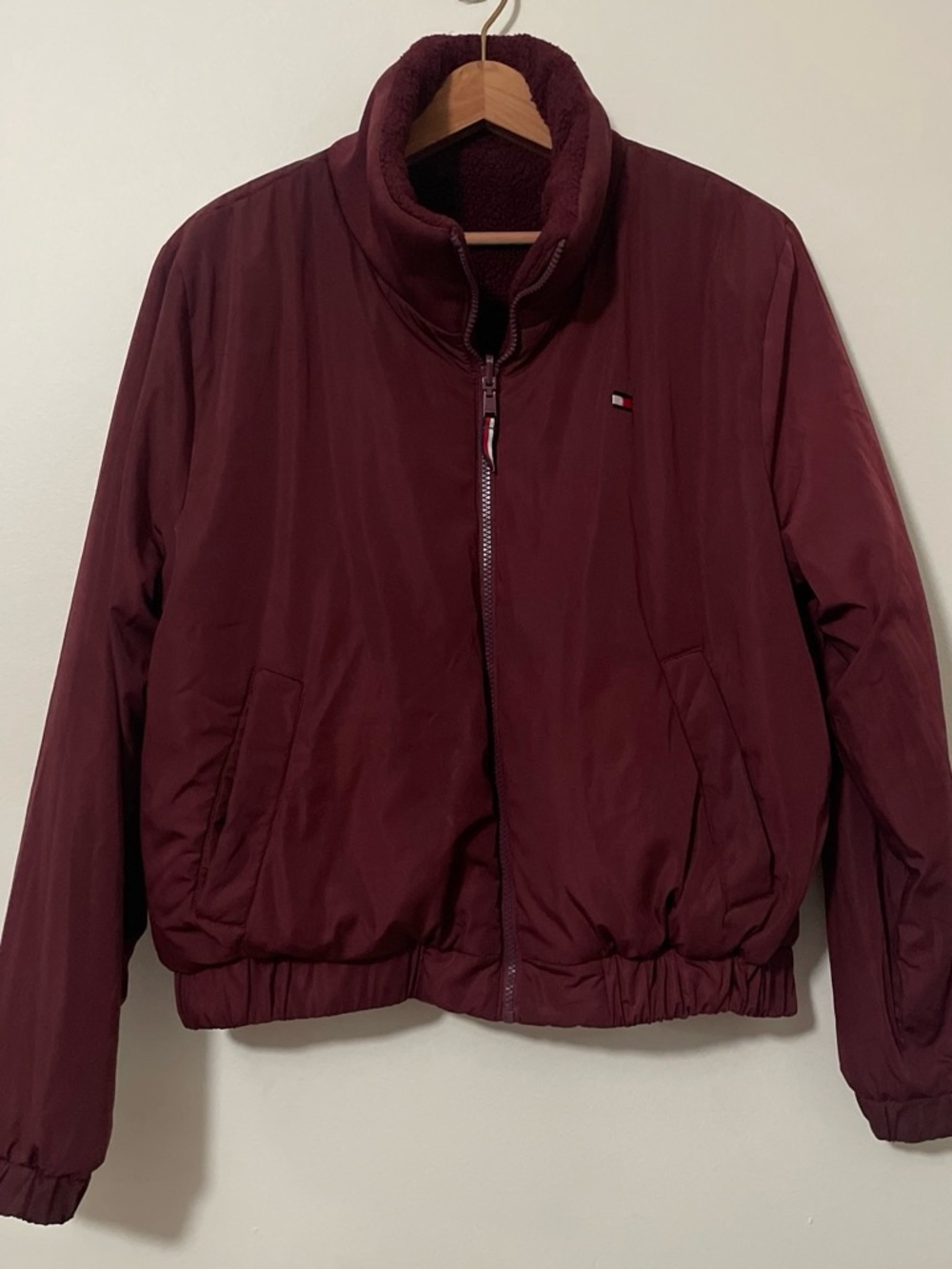 Tommy Hilfiger Reversible Sherpa Padded Bomber Jacket Wine Burgundy Large L